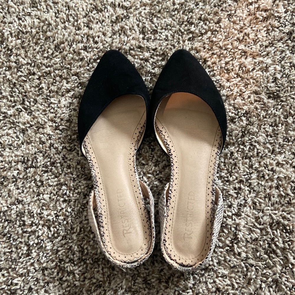 Restricted Black and Snake Print Flats Size 8.5
